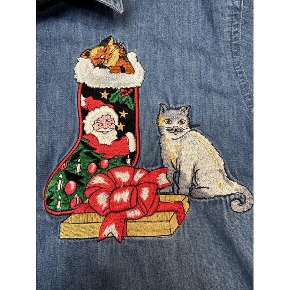 Vintage Chambray Christmas Embroidered Holiday Santa Cats Stocking Women Medium - Picture 3 of 9